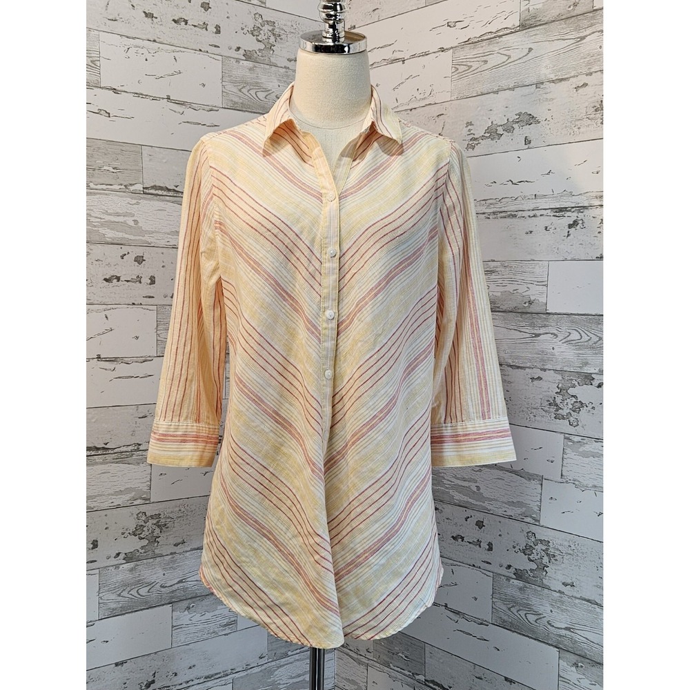 Chicos No-Iron 100% Linen Stripe Button Down Shirt 3/4 Sleeve Size Small